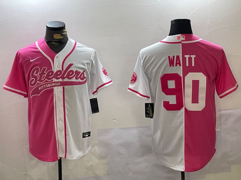 Men Pittsburgh Steelers #90 Watt white pink Joint Name 2024 Nike Limited NFL Jersey style 1